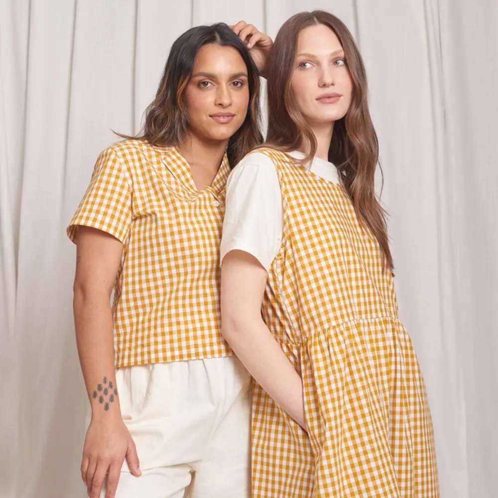 Tradlands Cottons Gingham Short Sleeve Button Up Shirt Top Yellow Large